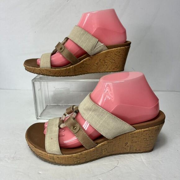 Skechers Sandals Women's 9 Tan Beige Comfort Platform Wedge Slip On Luxe Foam - Picture 10 of 14